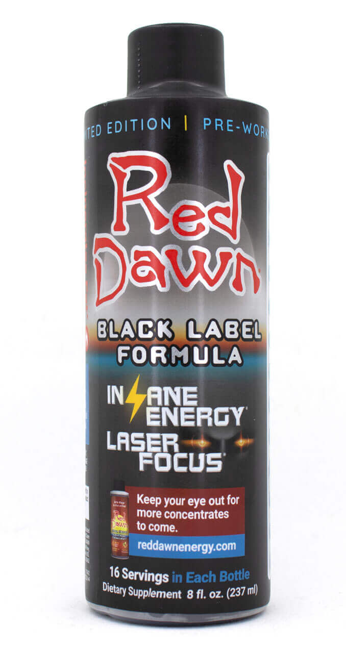 Red Dawn Black Label Formula 8oz bottle for insane energy and laser focus, 16 servings per bottle.