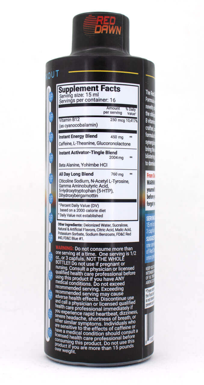 Red Dawn Black Label Formula 8oz pre-workout supplement facts label highlighting energy and focus blends.