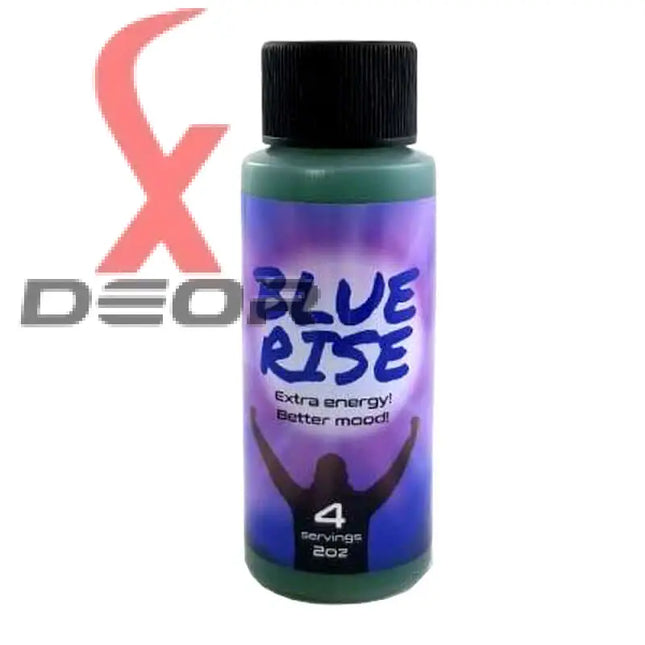 Blue Rise 2oz energy drink bottle promoting extra energy and better mood, featuring all-natural ingredients.