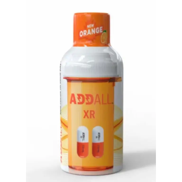 Addall XR Orange 2oz shot bottle for enhanced focus and cognitive support, featuring GABA for anxiety reduction.
