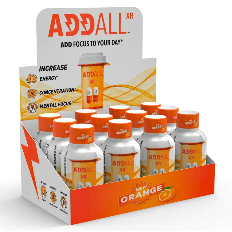 Addall XR Orange 2oz Shot display box promoting energy and mental focus supplement.