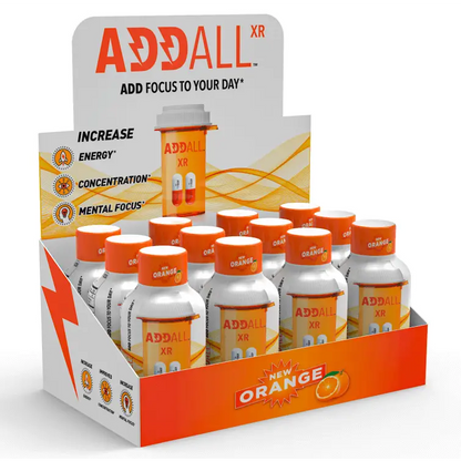Addall XR Orange 2oz Shot display box promoting energy and mental focus supplement.