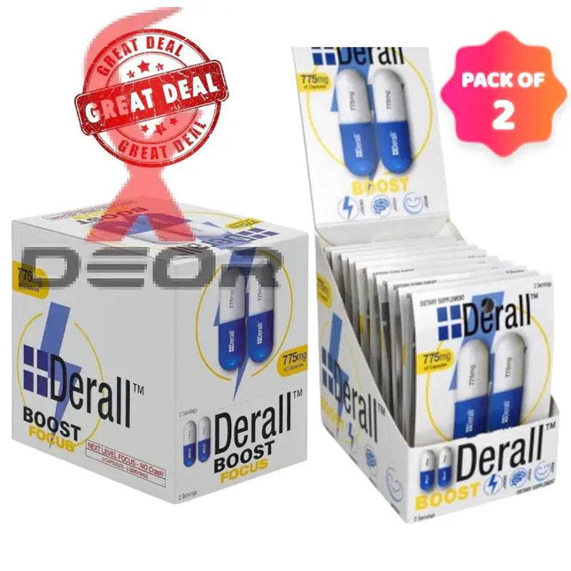 Derall Boost Next Level FOCUS 775mg NO Crash – 2 Boxes (24 Blisters, 48 Capsules Total) - XDeor