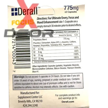 Derall Nootropic Brain-Booster 775mg full box back, highlighting ingredients and directions for use.