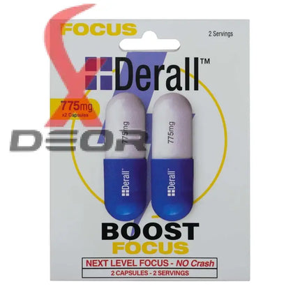 Derall Nootropic Brain Booster 775mg box with two capsules for enhanced focus and cognitive performance.