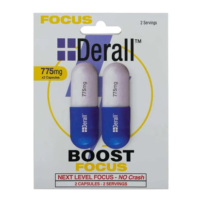 Derall Nootropic Brain Booster 775mg box with two capsules for enhanced focus and cognitive performance.
