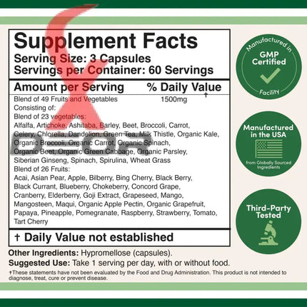 Fruits & Vegetables Supplement – 1,500mg Daily Blend of 49 Fruits & Veggies – 100 Capsules.