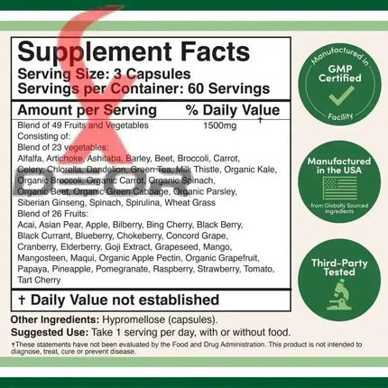 Fruits & Vegetables Supplement – 1,500mg Daily Blend of 49 Fruits & Veggies – 100 Capsules - XDeor