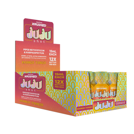 JUJU Mango Tango – Kava & Devil’s Claw Liquid, 15mL (Full Box of 12 Bottles, 225mg Each)