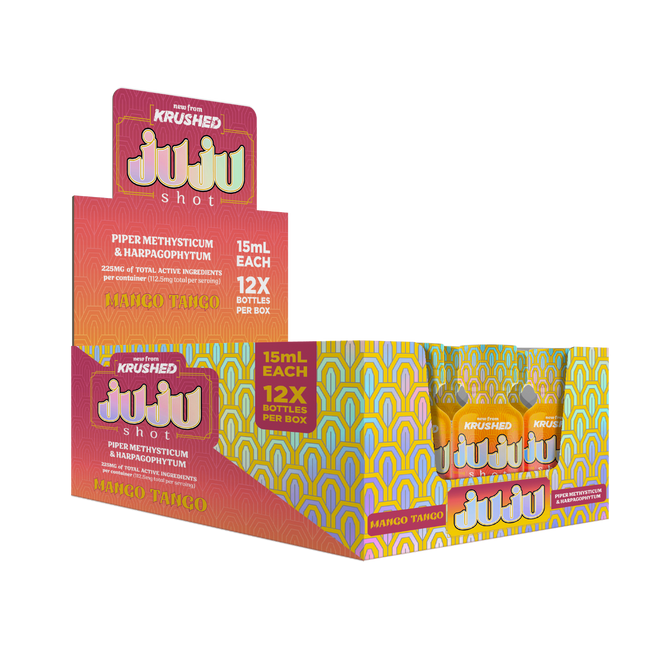 JUJU Mango Tango – Kava & Devil’s Claw Liquid, 15mL (Full Box of 12 Bottles, 225mg Each)