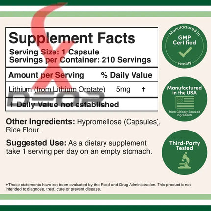 Lithium Orotate 5mg – Mood & Sleep Support Supplement – 210 Capsules.