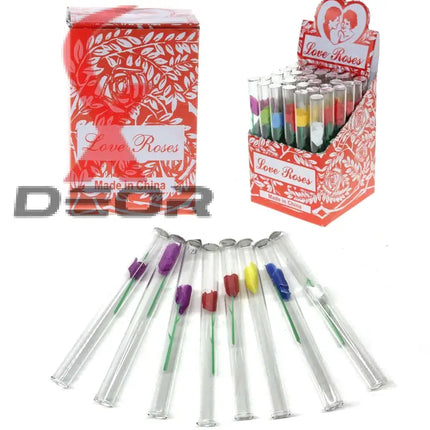 Love Roses tubes in assorted colors, beautifully displayed in a box, perfect as gifts or smoking pipes.
