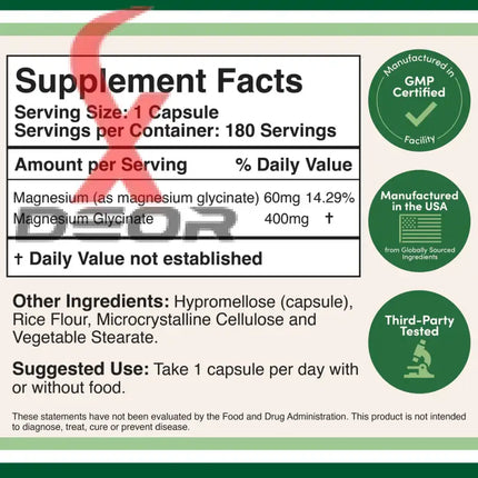 Magnesium Glycinate 400mg – High Absorption & Gentle on Stomach – 180 Capsules.