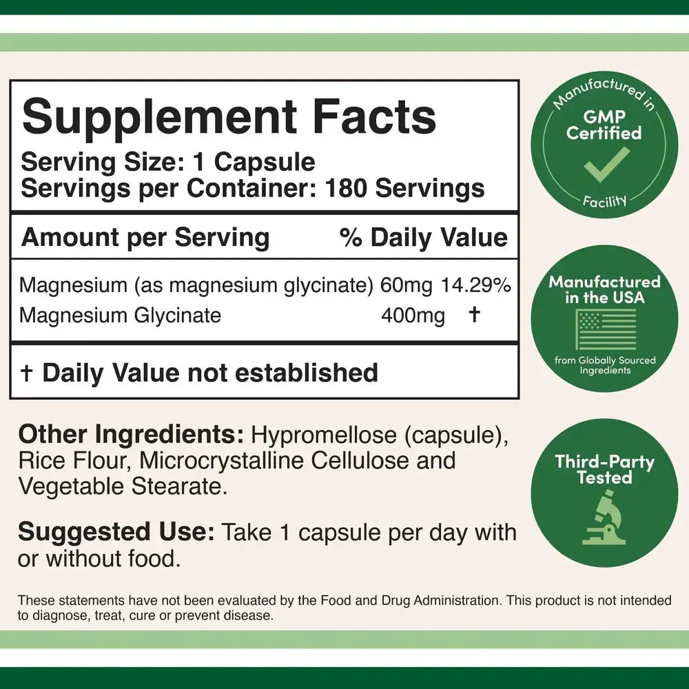 Magnesium Glycinate 400mg – High Absorption Gentle on Stomach (180 Capsules) - Dietary Supplement