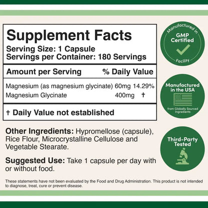 Magnesium Glycinate 400mg – High Absorption Gentle on Stomach (180 Capsules) - Dietary Supplement