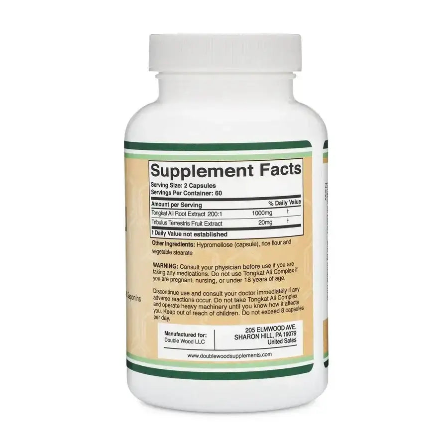 Supplement facts label of Men's Health Supplement with Tongkat Ali Extract, highlighting serving size and ingredients.