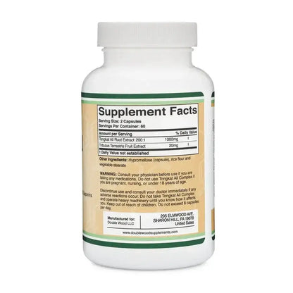Supplement facts label of Men's Health Supplement with Tongkat Ali Extract, highlighting serving size and ingredients.