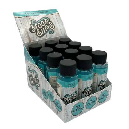 Mood & Shine 2oz shot display box featuring sugar-free, carb-free energy boosts for an energizing day.