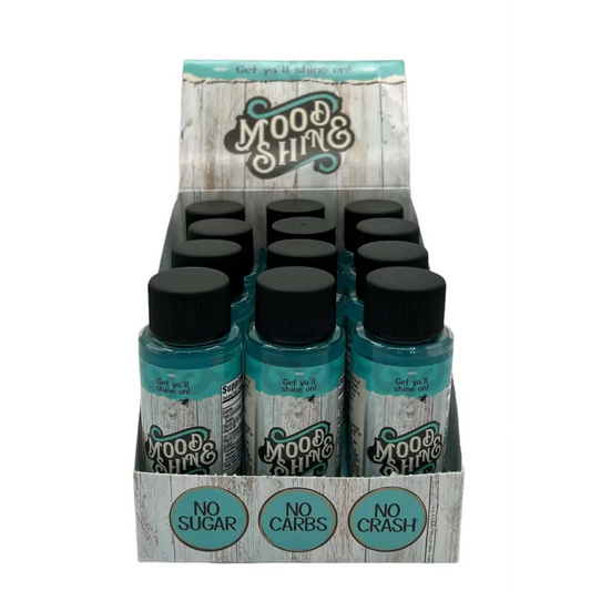 Mood & Shine 2oz shots displayed in a box, featuring labels 'No Sugar', 'No Carbs', and 'No Crash' for energy boost.