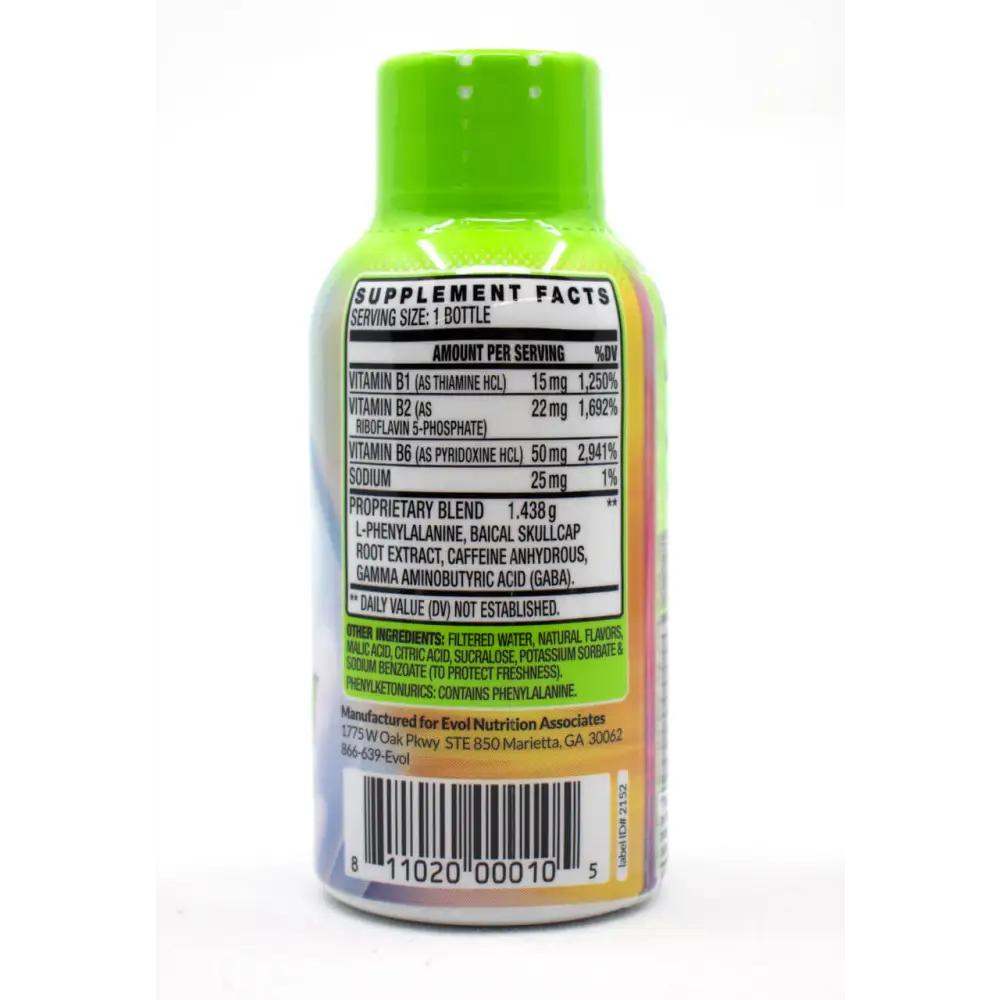Supplement facts for Sleep Walker Shot Sour Apple 2oz highlighting vitamins and proprietary blend ingredients.