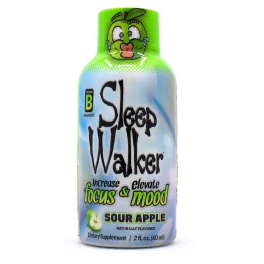 Sleep Walker Shot Sour Apple 2oz bottle, promoting focus and mood enhancement, vibrant design with playful character.