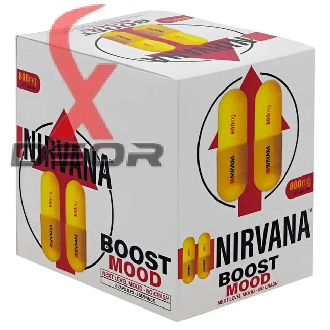 Nirvana Boost Mood Support dietary supplement box, 800mg for energy and focus without crash.