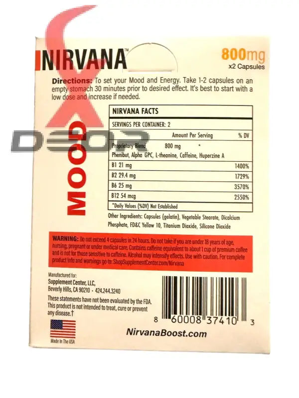 Nirvana Boost Mood Support supplement facts, 800mg, mood and energy enhancement details.