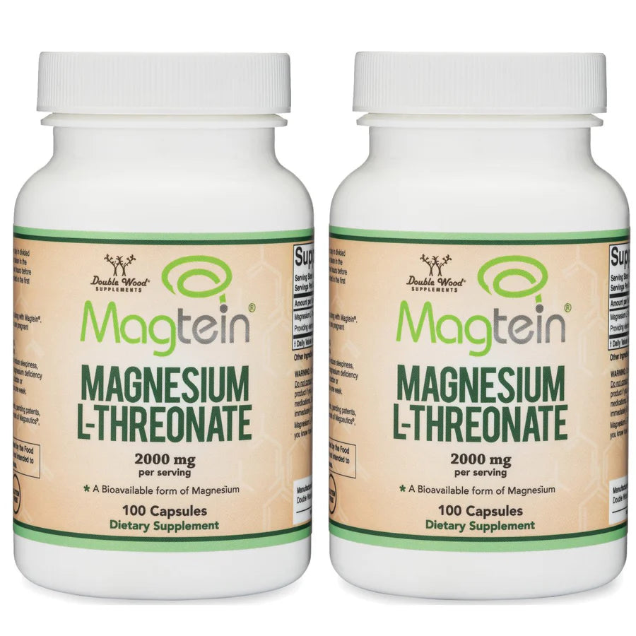 Two bottles of Magnesium L-Threonate (Magtein) 2000mg with 100 capsules, a dietary supplement for magnesium.