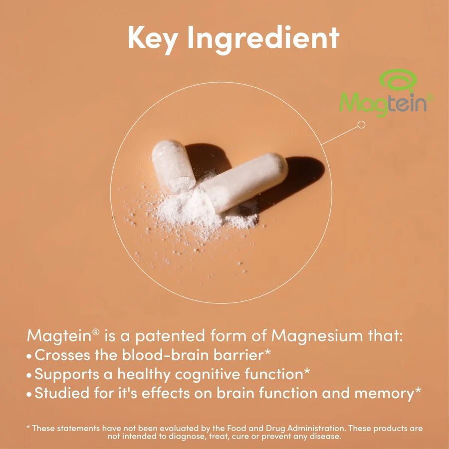 Key ingredient Magtein magnesium product, highlights benefits for brain function and cognitive health.