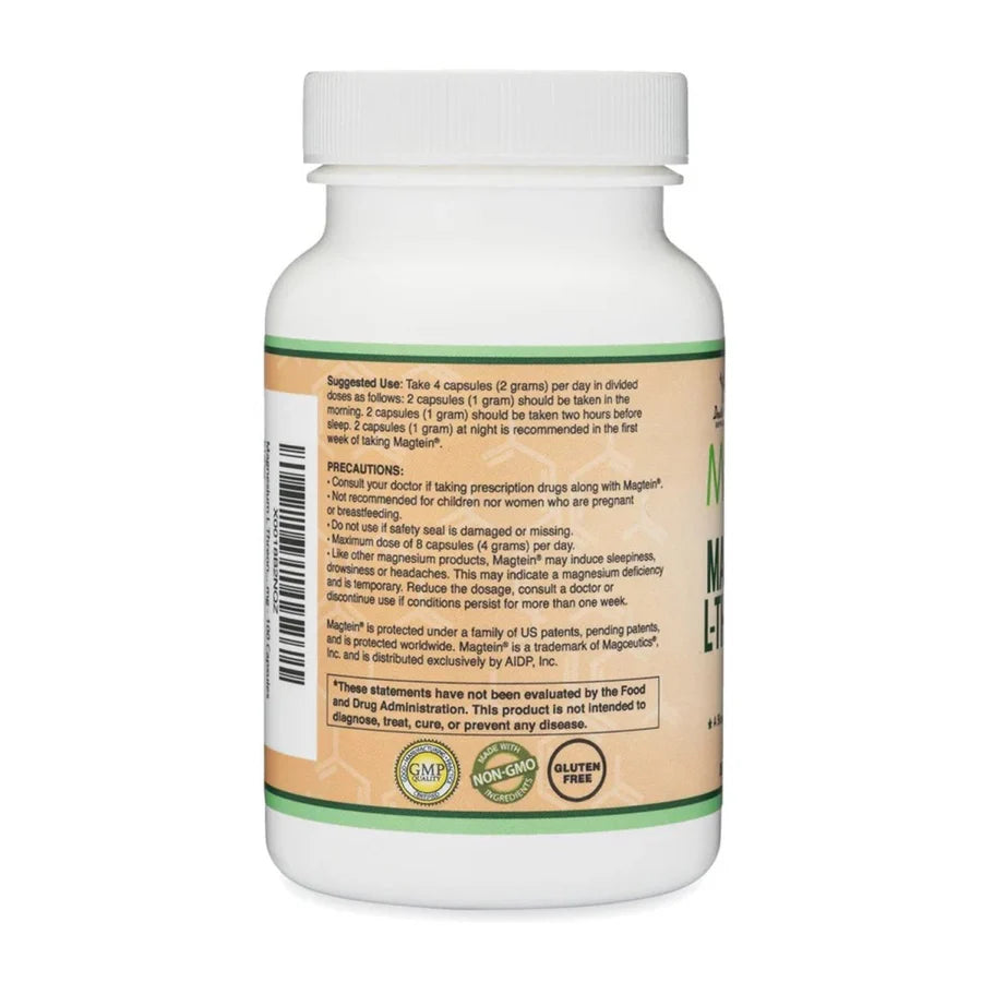 Magnesium L-Threonate (Magtein) 2000mg supplement bottle back label with dosage and precautions information.