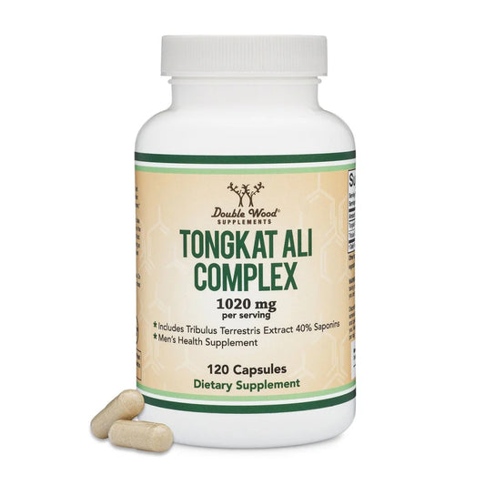 Men's health supplement Tongkat Ali Complex 1020mg in a bottle with 120 capsules for improved libido and cortisol support.