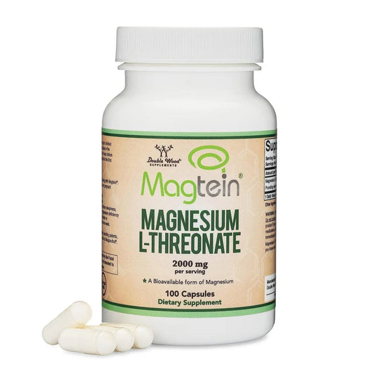 Magnesium L-Threonate 2000mg 100 capsules dietary supplement by Magtein, promoting healthy magnesium levels.