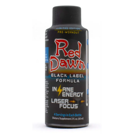 Red Dawn Black Label Formula pre-workout shot, 2oz, 4 servings, insane energy and laser focus for peak performance.