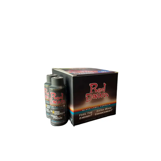 Red Dawn Black Label Formula 2oz energy shots in box, designed for enhanced focus and performance.