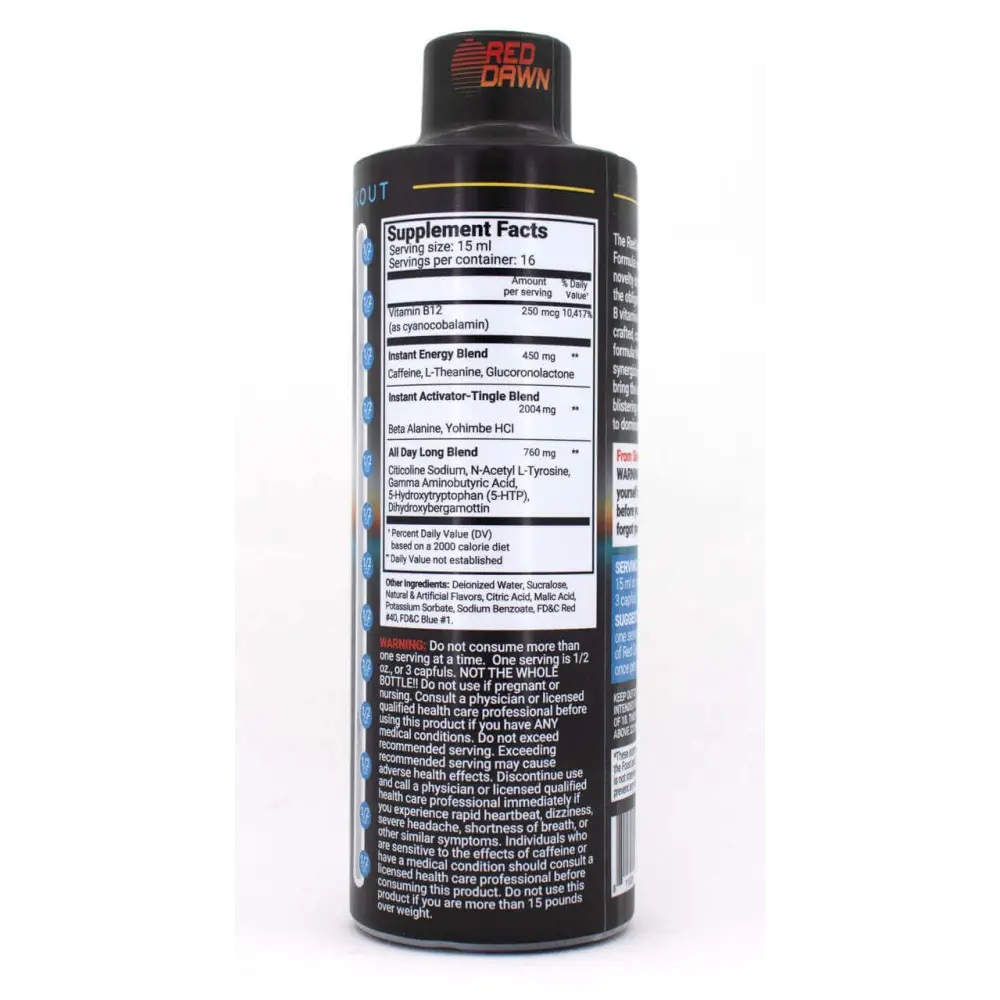 Red Dawn Black Label Formula 8oz pre-workout supplement facts label highlighting energy and focus blends.