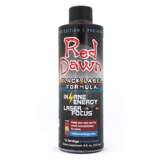 Red Dawn Black Label Formula 8oz bottle for insane energy and laser focus, 16 servings per bottle.