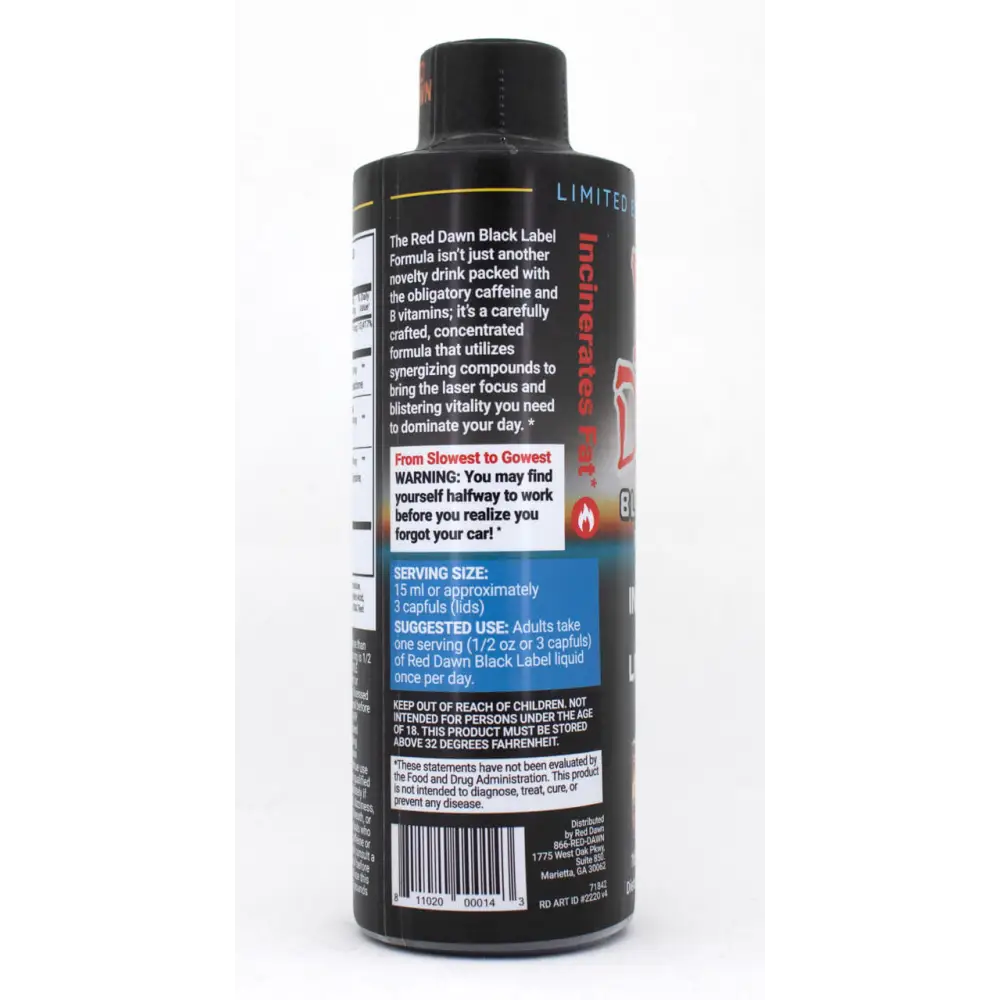 Red Dawn Black Label 8oz bottle with energy drink label and instructions for use, designed for peak performance.