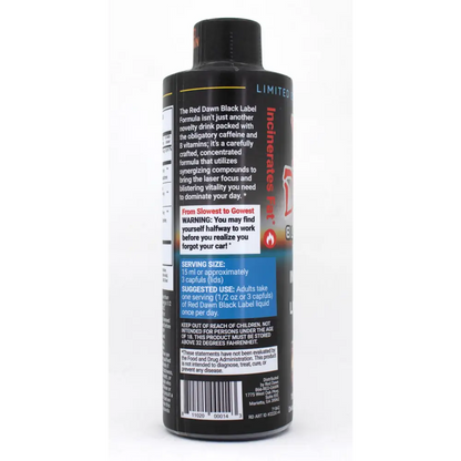 Red Dawn Black Label 8oz bottle with energy drink label and instructions for use, designed for peak performance.