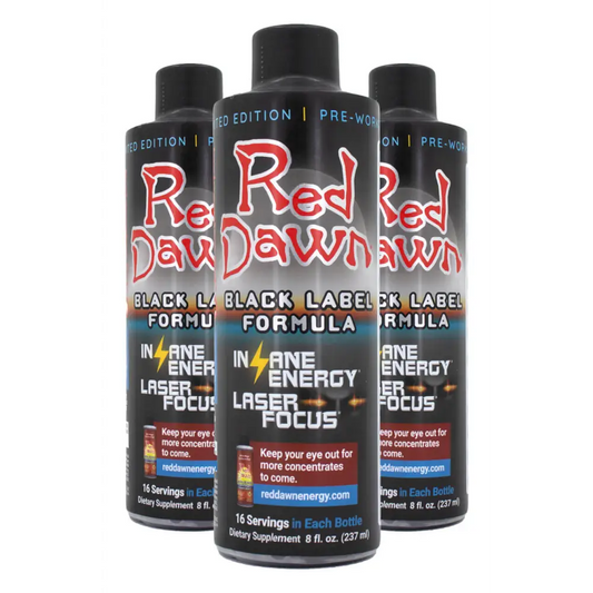 Red Dawn Black Label Formula pre-workout supplement bottles, insane energy, laser focus, 16 servings each.