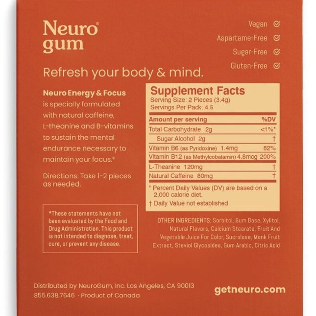 Neuro Gum Cinnamon – Energy & Focus | Vegan | Sugar-Free | B-Vitamins – Pack of 1 (9 Pieces)