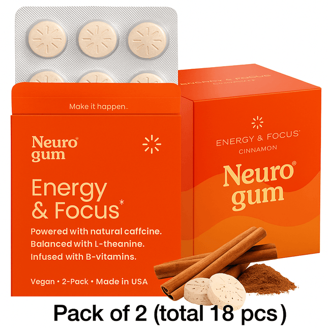 Neuro Gum Cinnamon – Energy & Focus | Vegan | Sugar-Free | B-Vitamins – 2 Pack (18 Pieces) - XDeor