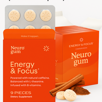 Neuro Gum Cinnamon – Energy & Focus | Vegan | Sugar-Free | B-Vitamins – 4 Pack (36 Pieces)