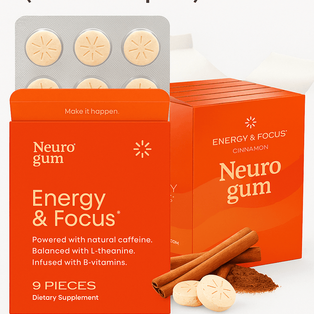 Neuro Gum Cinnamon – Energy & Focus | Vegan | Sugar-Free | B-Vitamins – 4 Pack (36 Pieces) - XDeor