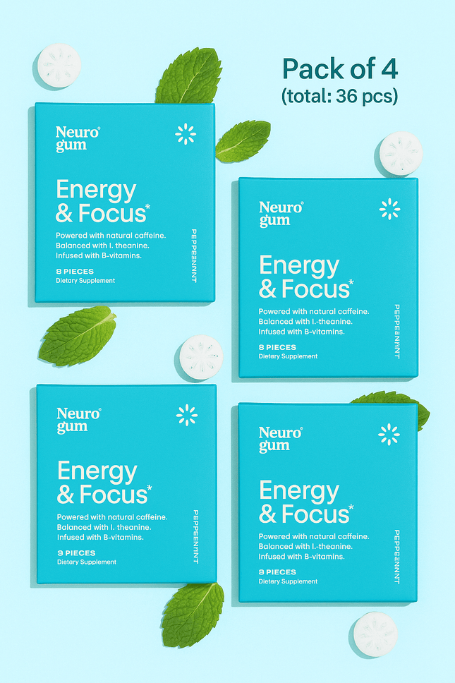 Neuro Gum Peppermint – Energy & Focus | Vegan | Sugar-Free | B-Vitamins – 4 Pack (36 Pieces) - XDeor