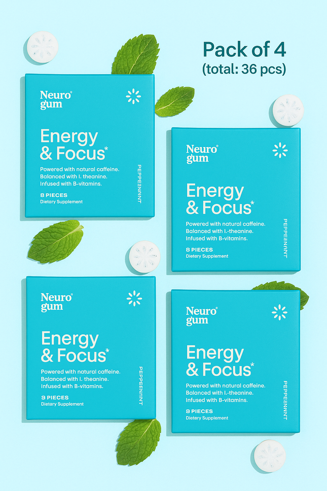 Neuro Gum Peppermint – Energy & Focus | Vegan | Sugar-Free | B-Vitamins – 4 Pack (36 Pieces)