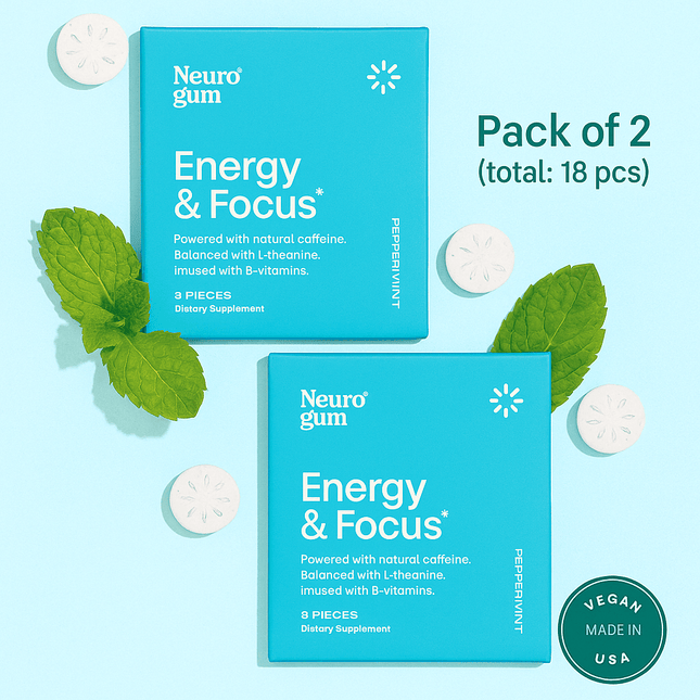 Neuro Gum Peppermint – Energy & Focus | Vegan | Sugar-Free | B-Vitamins – 2 Pack (18 Pieces) - XDeor