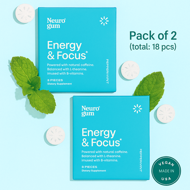 Neuro Gum Peppermint – Energy & Focus | Vegan | Sugar-Free | B-Vitamins – 2 Pack (18 Pieces)