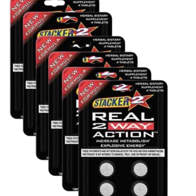 Stacker 2 Real 2-Way Action Energy & FAT – 4 ct × 6 Cards (24 Tablets)