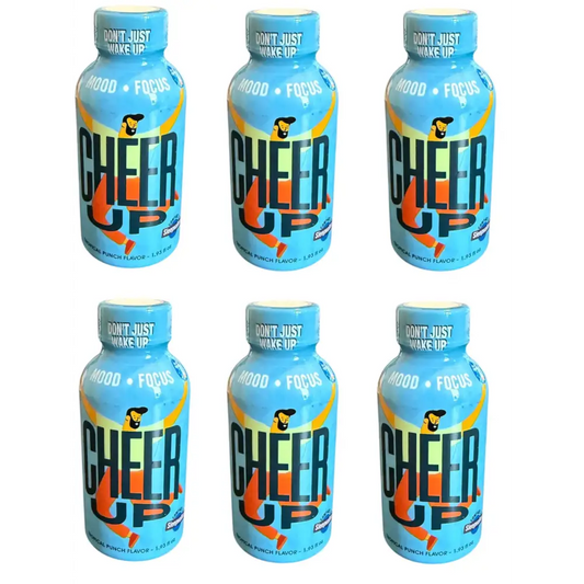 Six bottles of Sleep Walker CheerUp Shots boosting focus and mood in vibrant blue packaging.