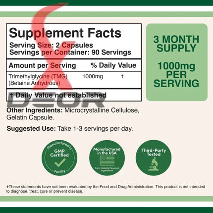 Trimethylglycine (TMG) 1000mg – Supports Cardiovascular & Athletic Performance – 120 Capsules.